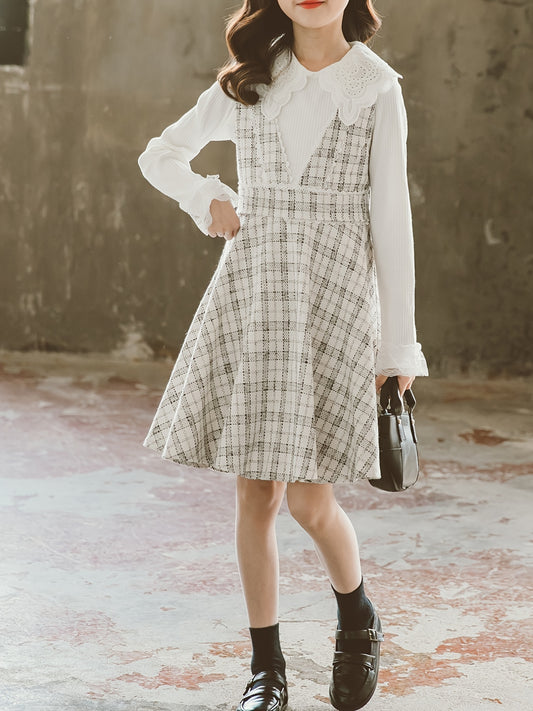 Girls Lace Trim LS Shirt & Plaid V neck Skirt Overall Dress Set