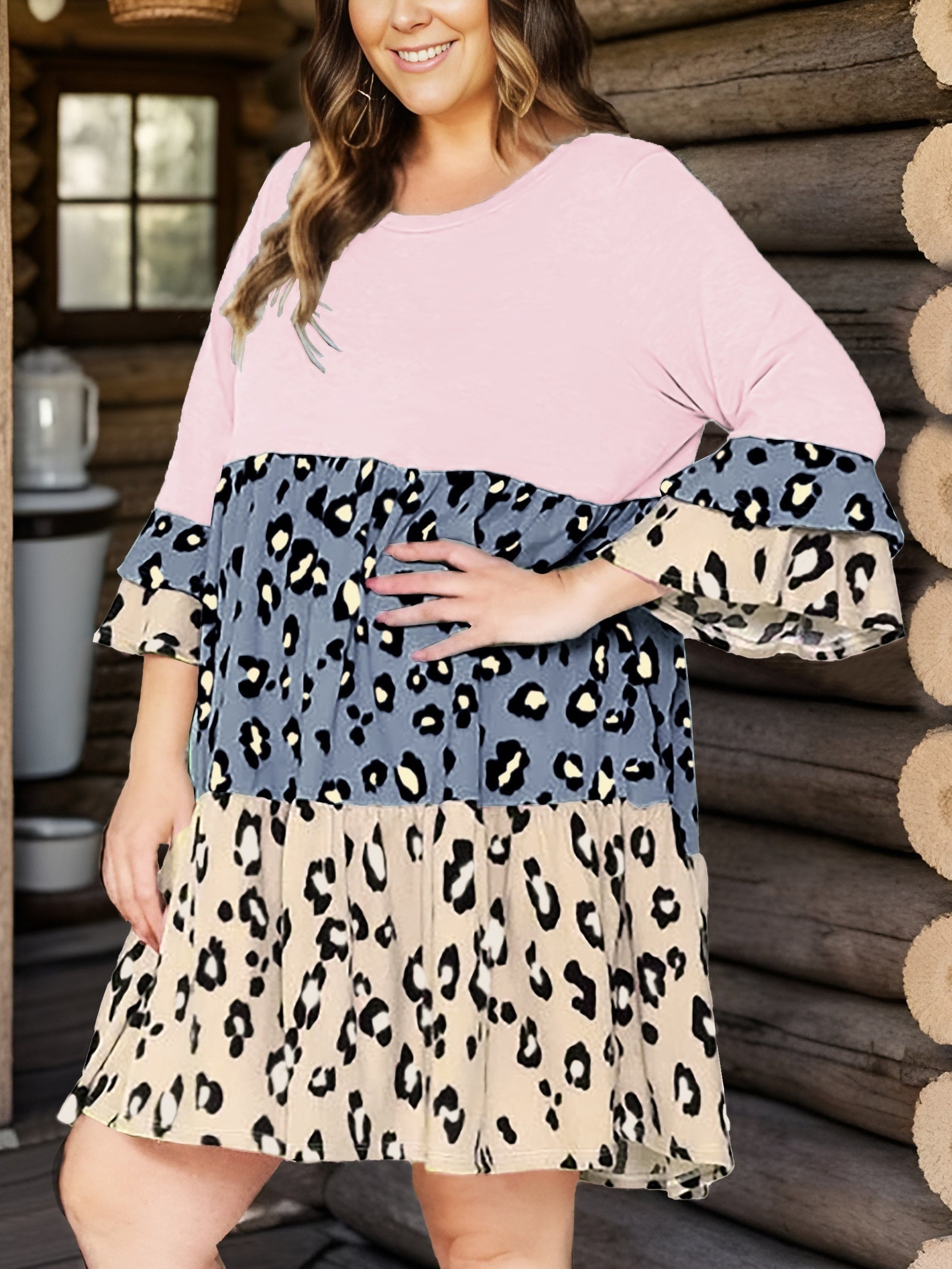  Boho Dress Women's Plus Leopard Print Layered Bell Sleeve Dress