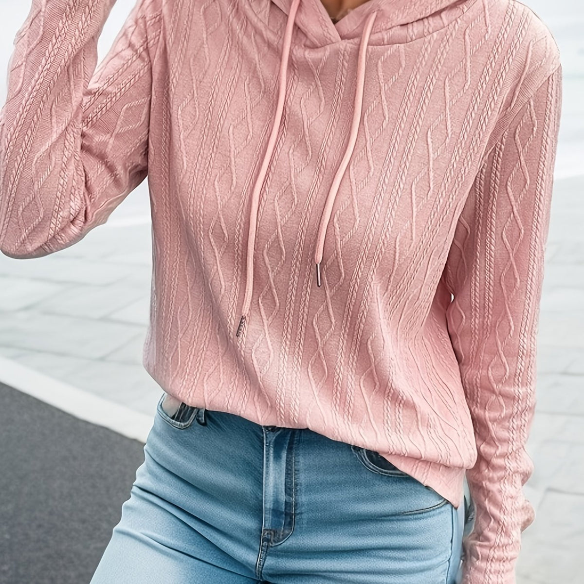  Casual Sweater Women's Plus Textured Long Sleeve Drawstring Slight Str