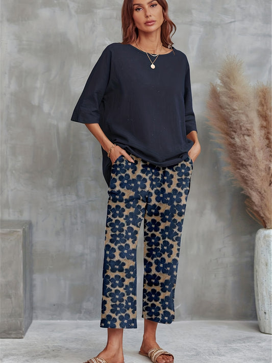 Casual 2pc Set Crew Neck T-shirt & Floral Wide Leg Pants