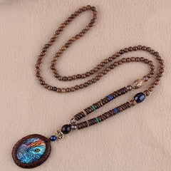 Boho Feather Pendant Wooden Beaded Necklace