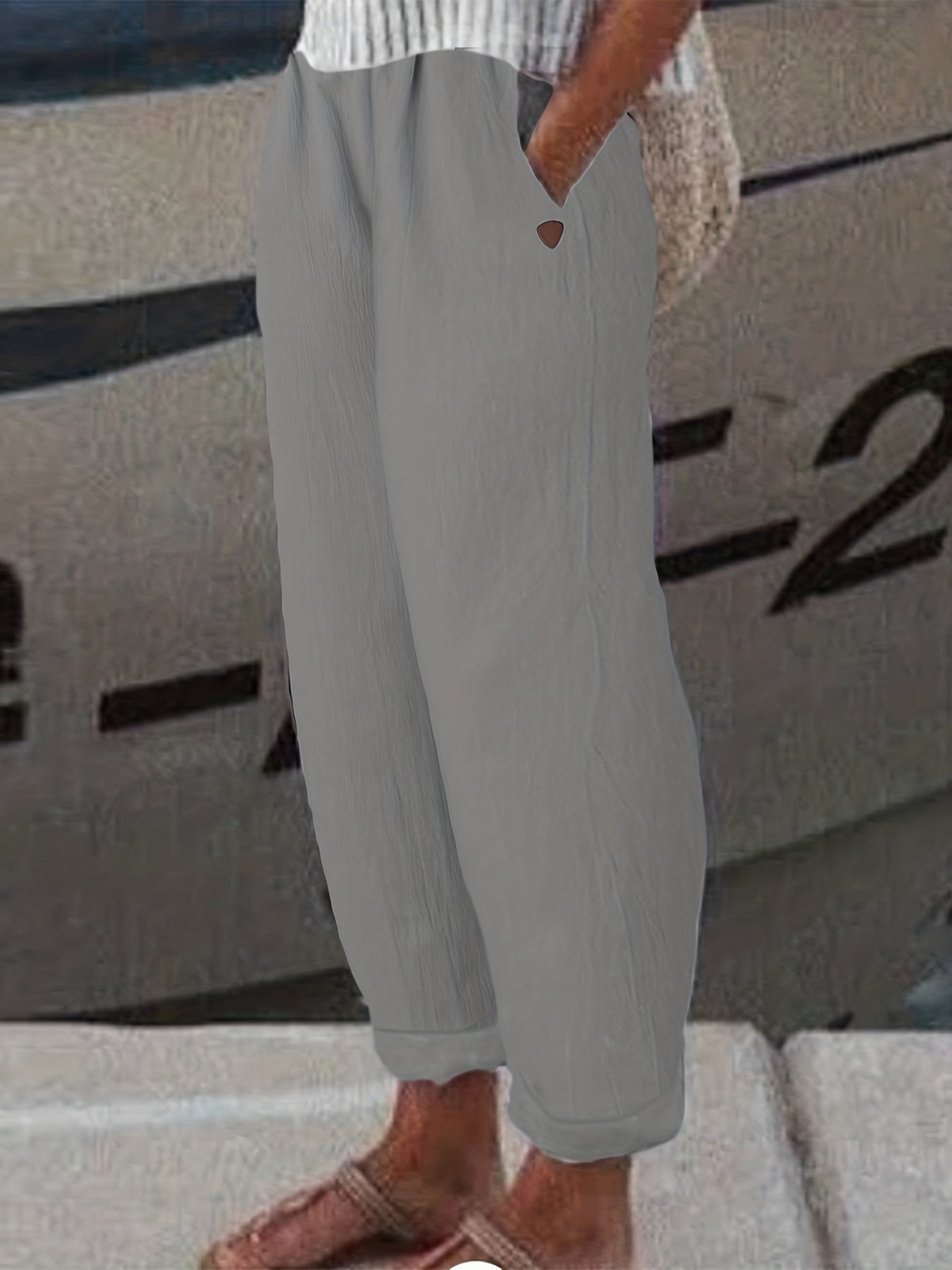 Solid Straight Leg Elastic Waist Pants Casual Dual Pockets Pants