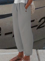 Solid Straight Leg Elastic Waist Pants Casual Dual Pockets Pants