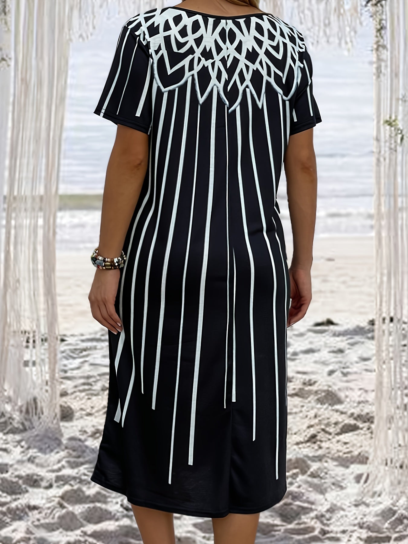  Geometric Print Short Sleeve Tee Dress With Pockets