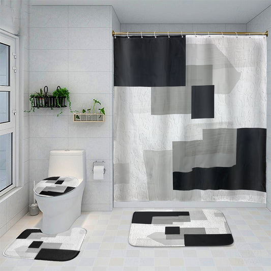 4 Piece Bathroom Set: Shower Curtain, Rugs, Non Slip Mat & Hooks