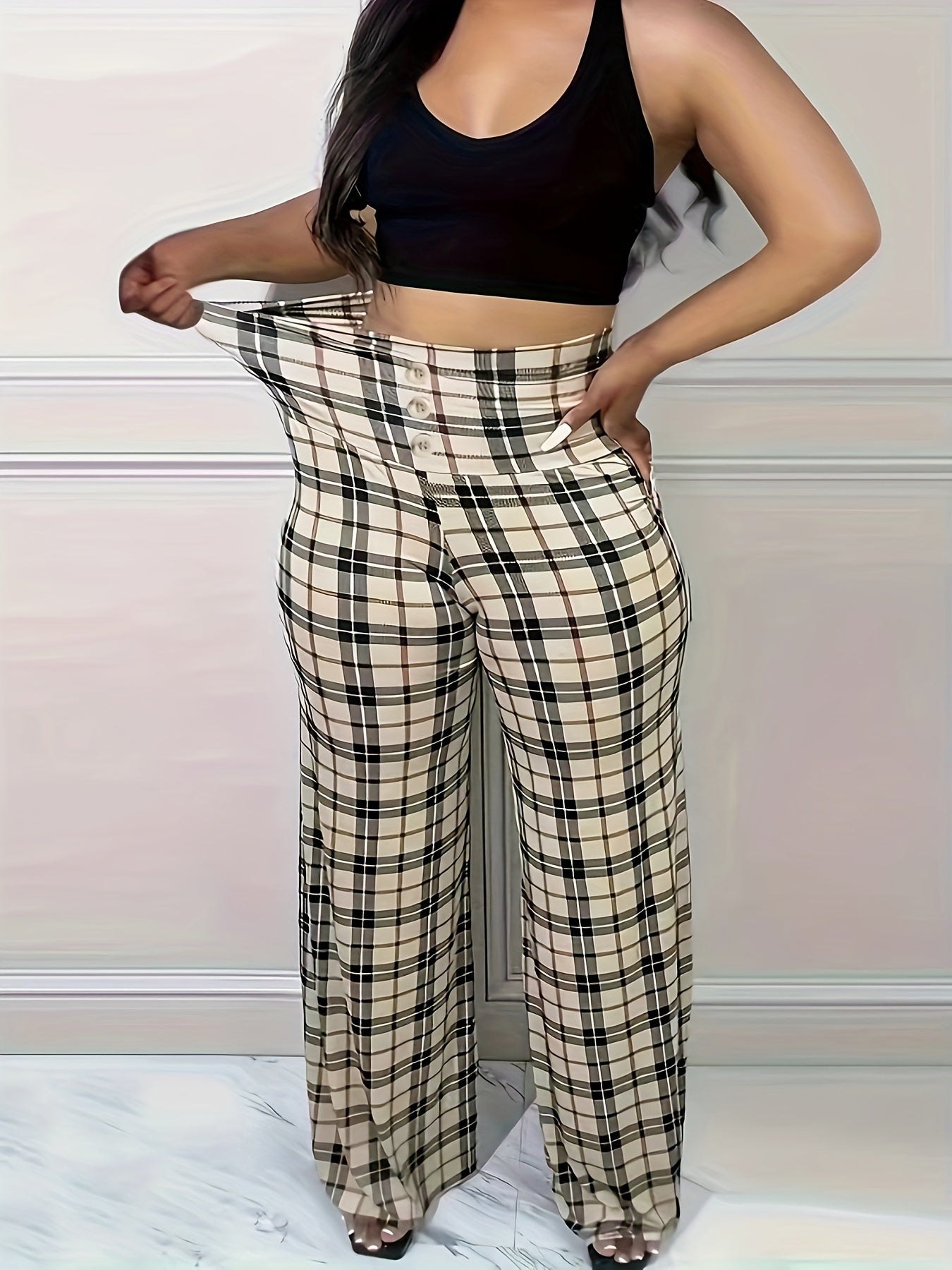 Women's Plus Wideband Waist Plaid Print Pants