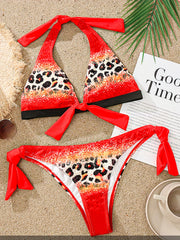 Leopard Print Bikini Set Halter V Neck Back Buckle Backless Tie Side High Cut