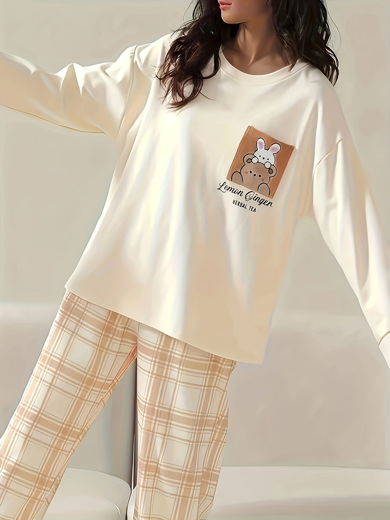 Cartoon Animal Print Pajama Set Long Sleeve Crew Neck Top & Plaid Pants