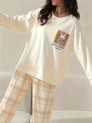 Cartoon Animal Print Pajama Set Long Sleeve Crew Neck Top & Plaid Pants