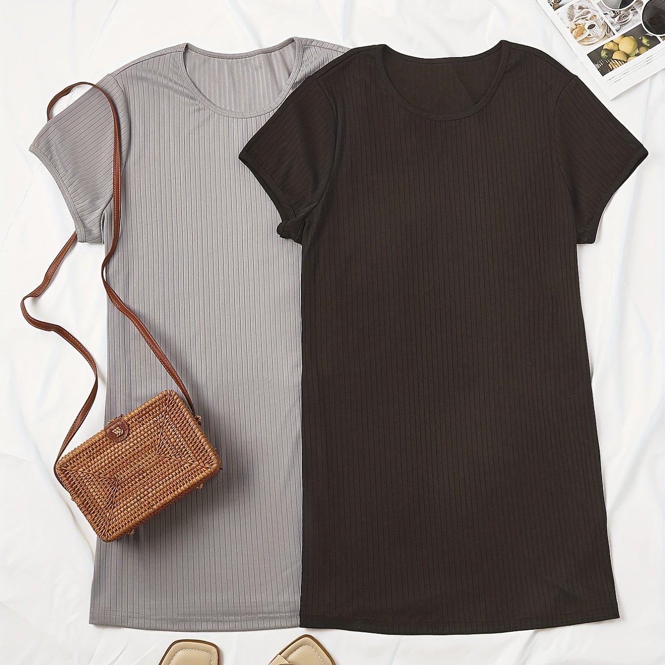2 Pack Women's Plus Casual Tee Dress Set Solid Crew Neck Short Sleeve Tee Dress
