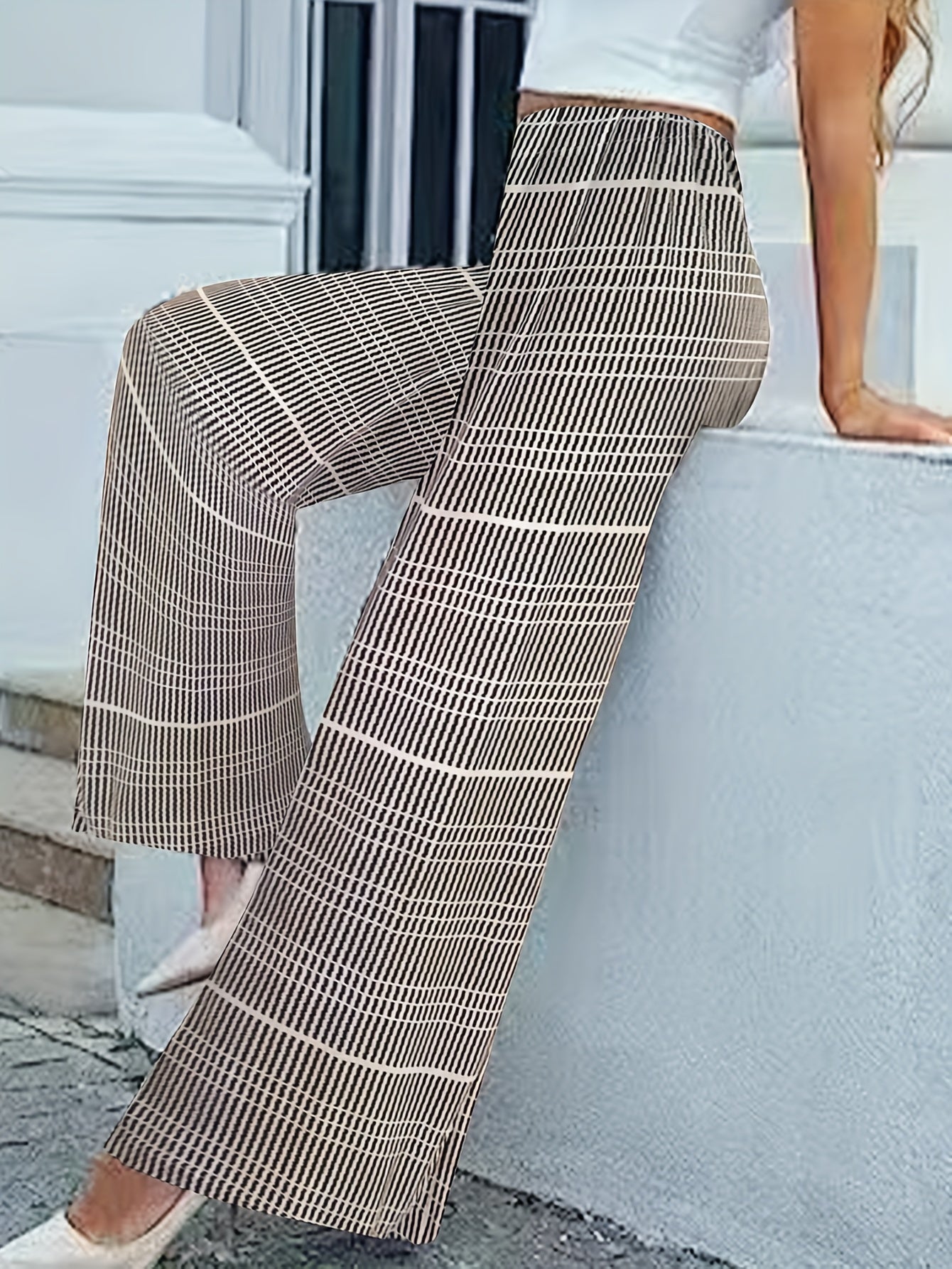 Women's Plus Stripe Print Flared Leg Stretch Trousers