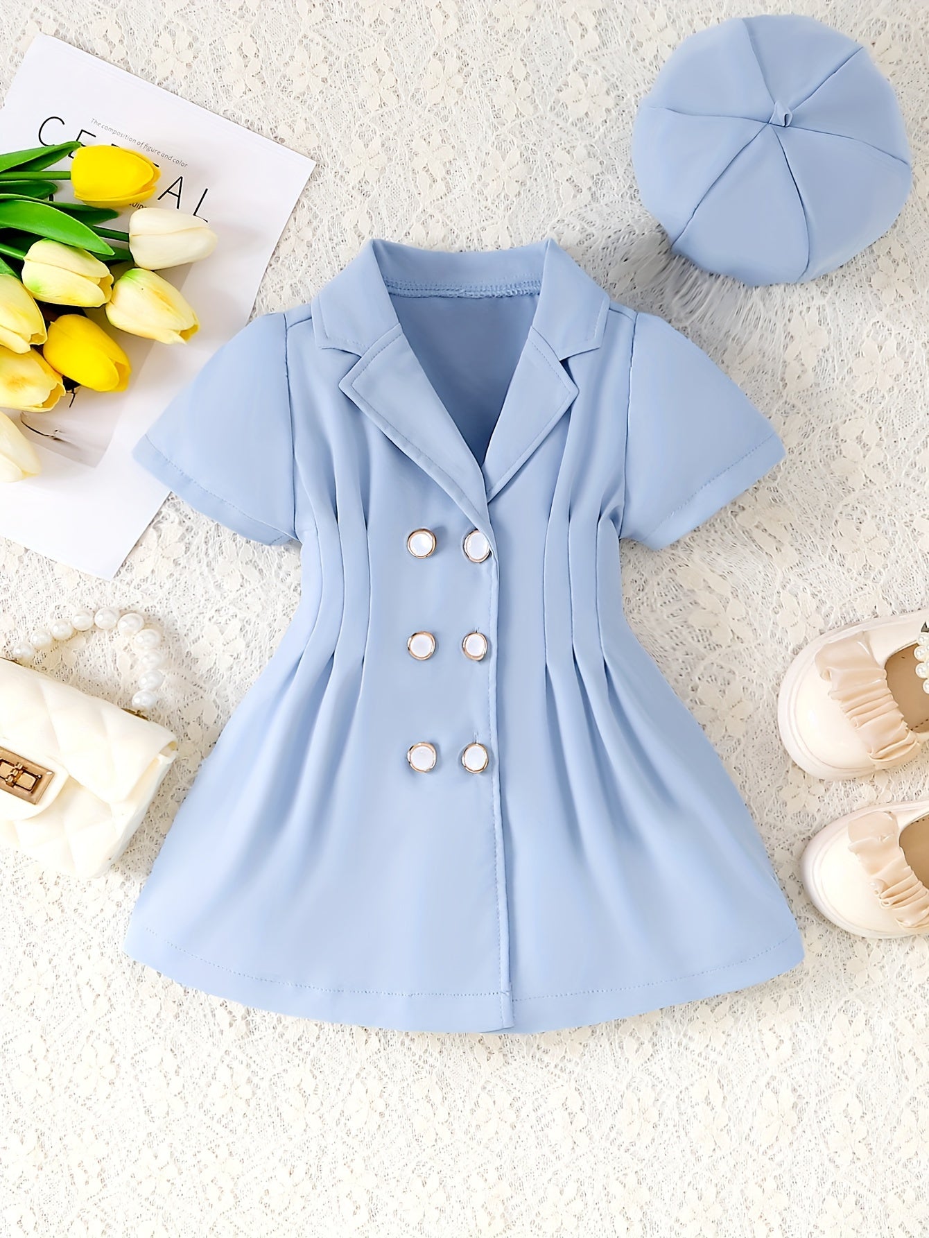 2pcs Baby Girls Short Sleeve Tunic Dress & Beret Set