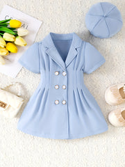 2pcs Baby Girls Short Sleeve Tunic Dress & Beret Set