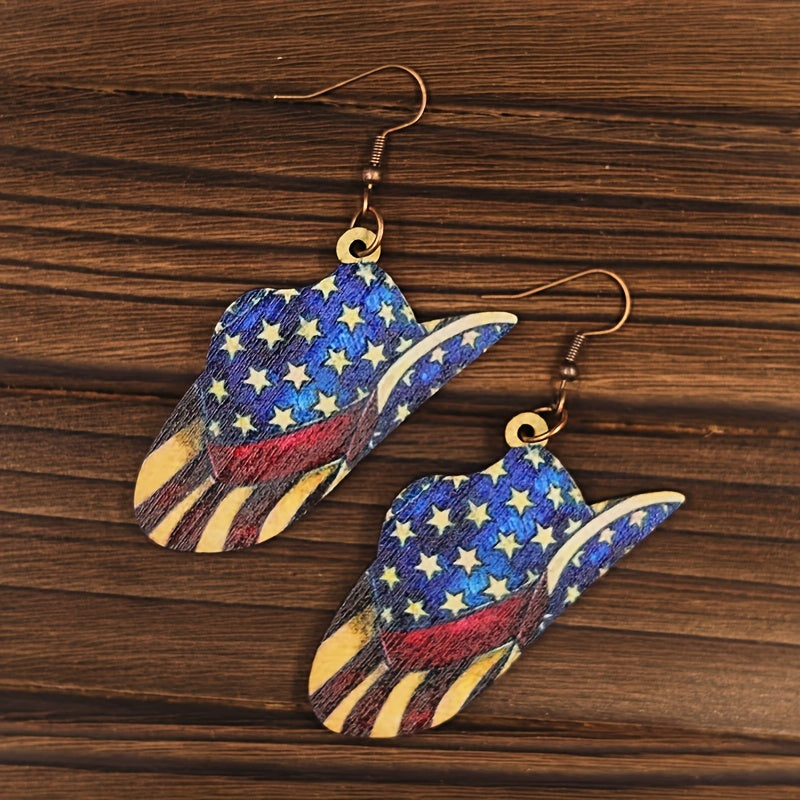 Independence Cowboy Hat Dangle Earrings Wooden Jewelry