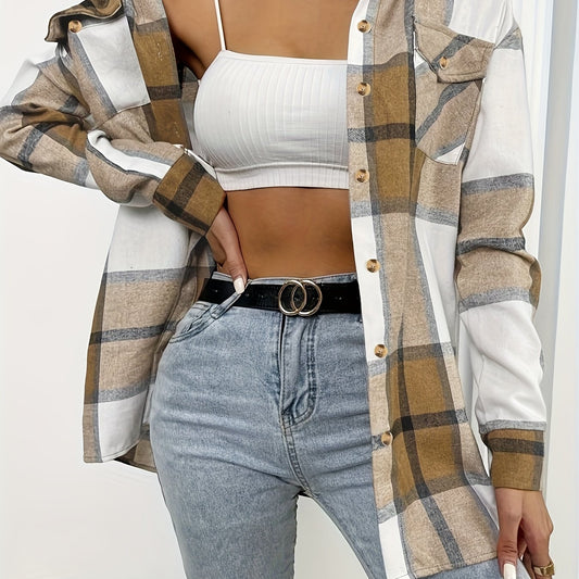 Plaid Print Shacket Jacket Button Front Long Sleeve