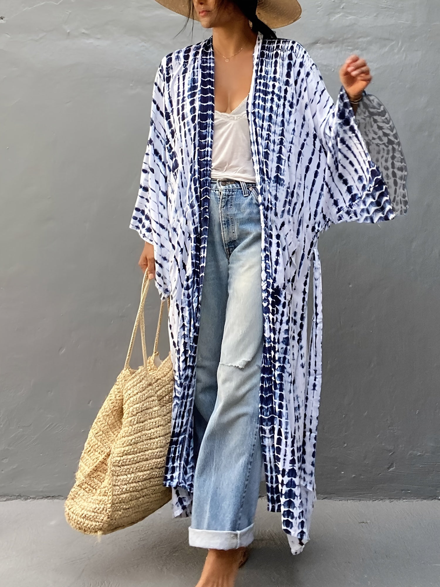  Tie Dye Striped Kimono Beach Cover Up