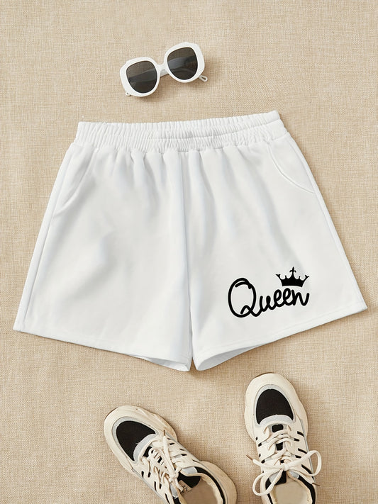 Girls Shorts ''Queen'' Print Casual Sweat Shorts Comfy Fit Elastic Waist