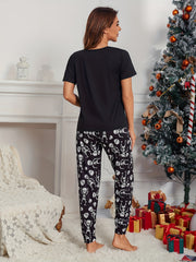Skull Print Pajama Set Short Sleeve Crew Neck Top & Elastic Waistband Pants