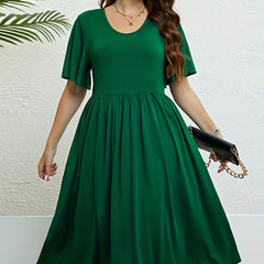  Solid Flutter Sleeve Round Neck Dress