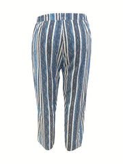  Stripe Print Drawstring Elastic High Rise Casual Pants