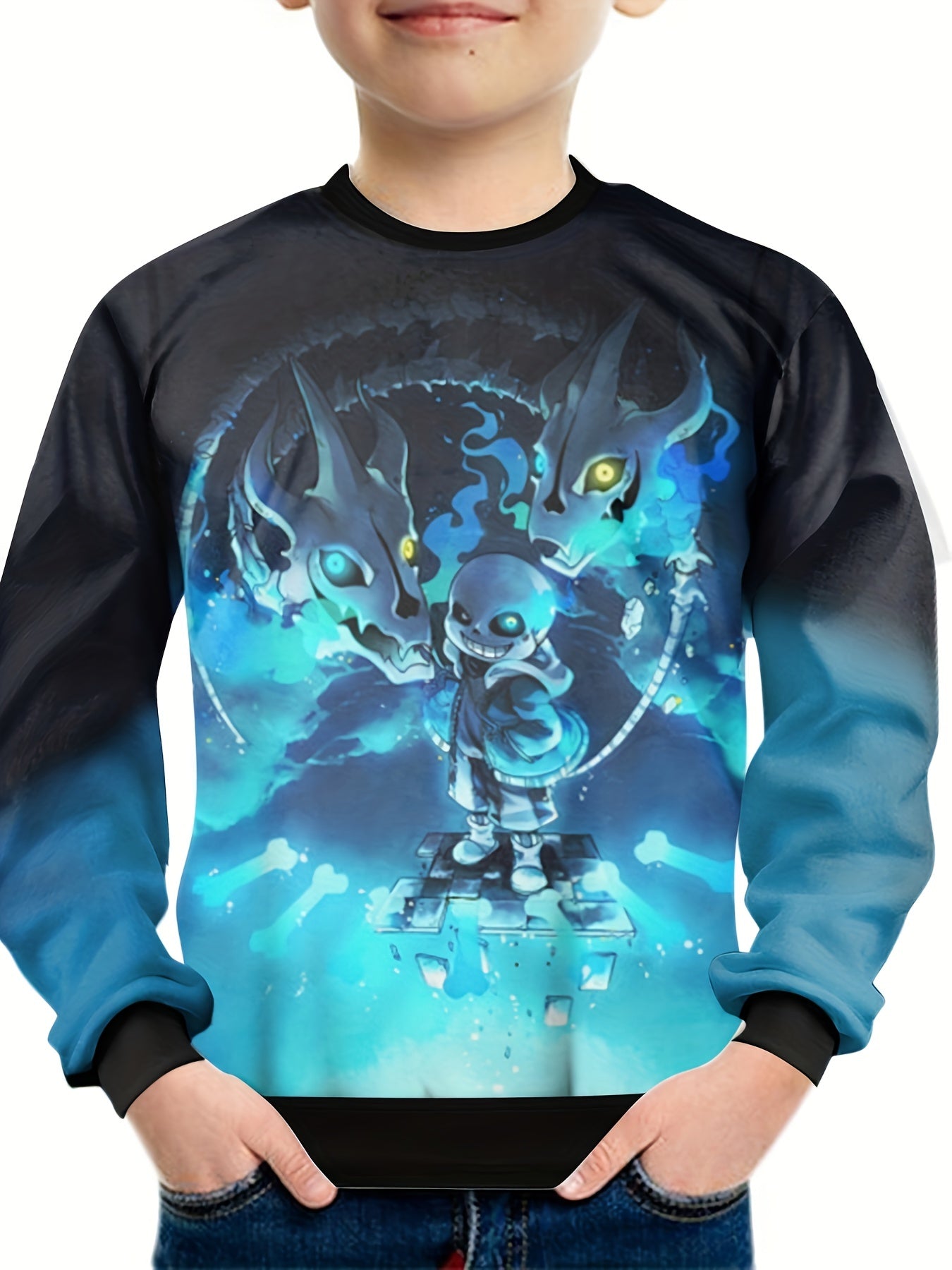Dragon Skeleton Print Tee Boys Round Neck Casual Short Sleeve T-shirt