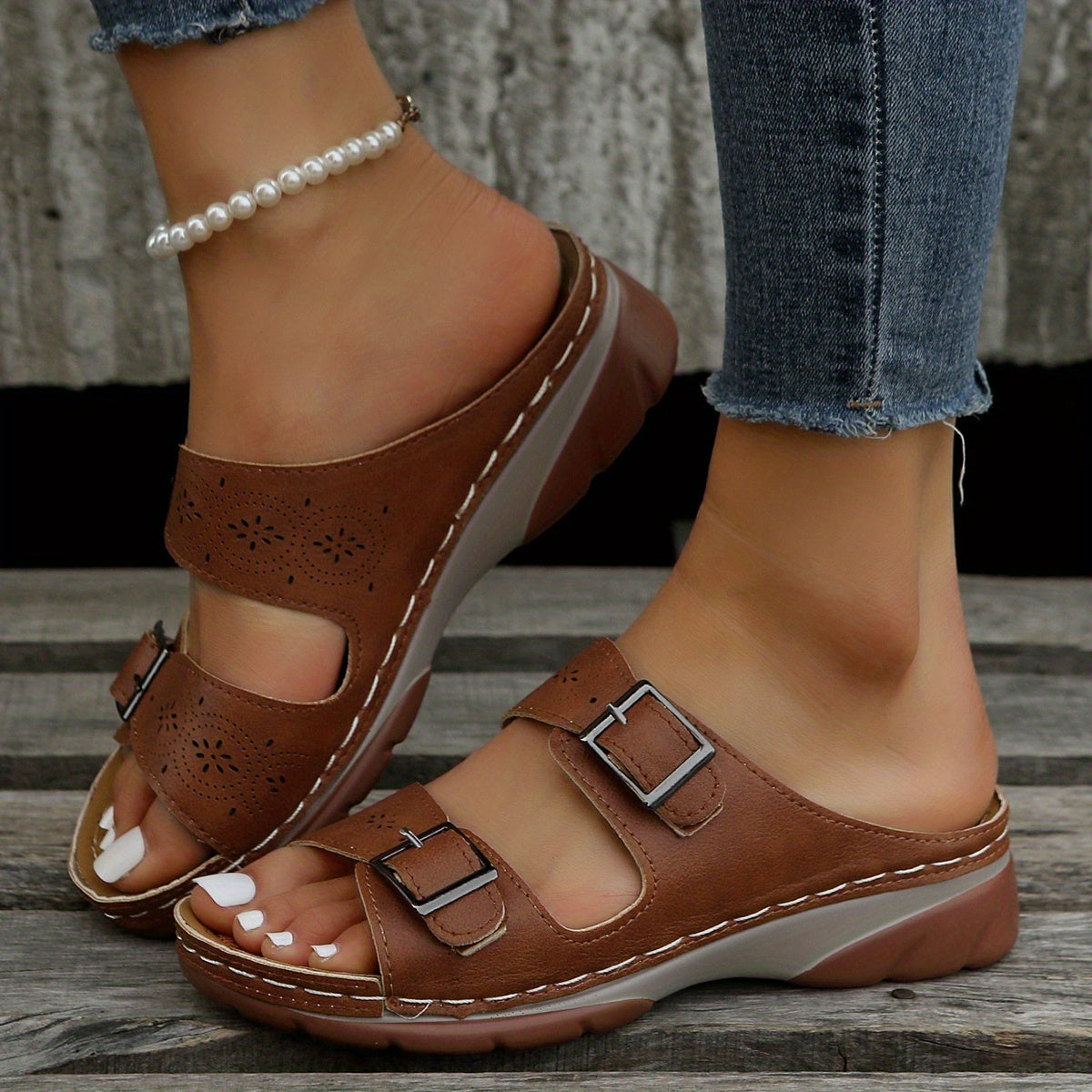 Women's Buckle Wedge Heel Slippers