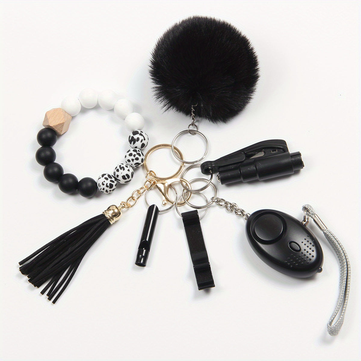 7Pcs Women's Safety Keychain Set Alarm Bracelet Tassel Pompom Breaker