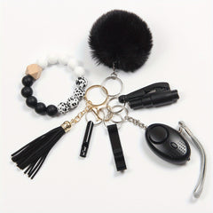 7Pcs Women's Safety Keychain Set Alarm Bracelet Tassel Pompom Breaker