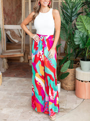  Boho Pants Women's Plus Contrast Print Wide Leg Trousers