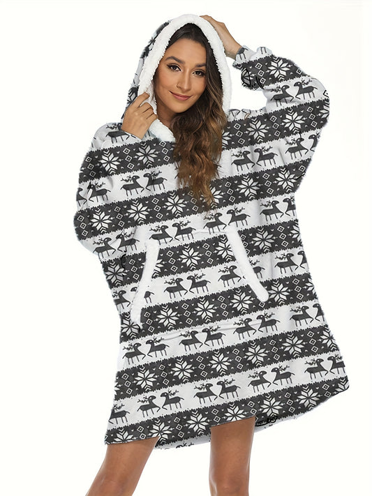 Elk Print Long Sleeve Hooded Top with Pockets Women's Loungewear