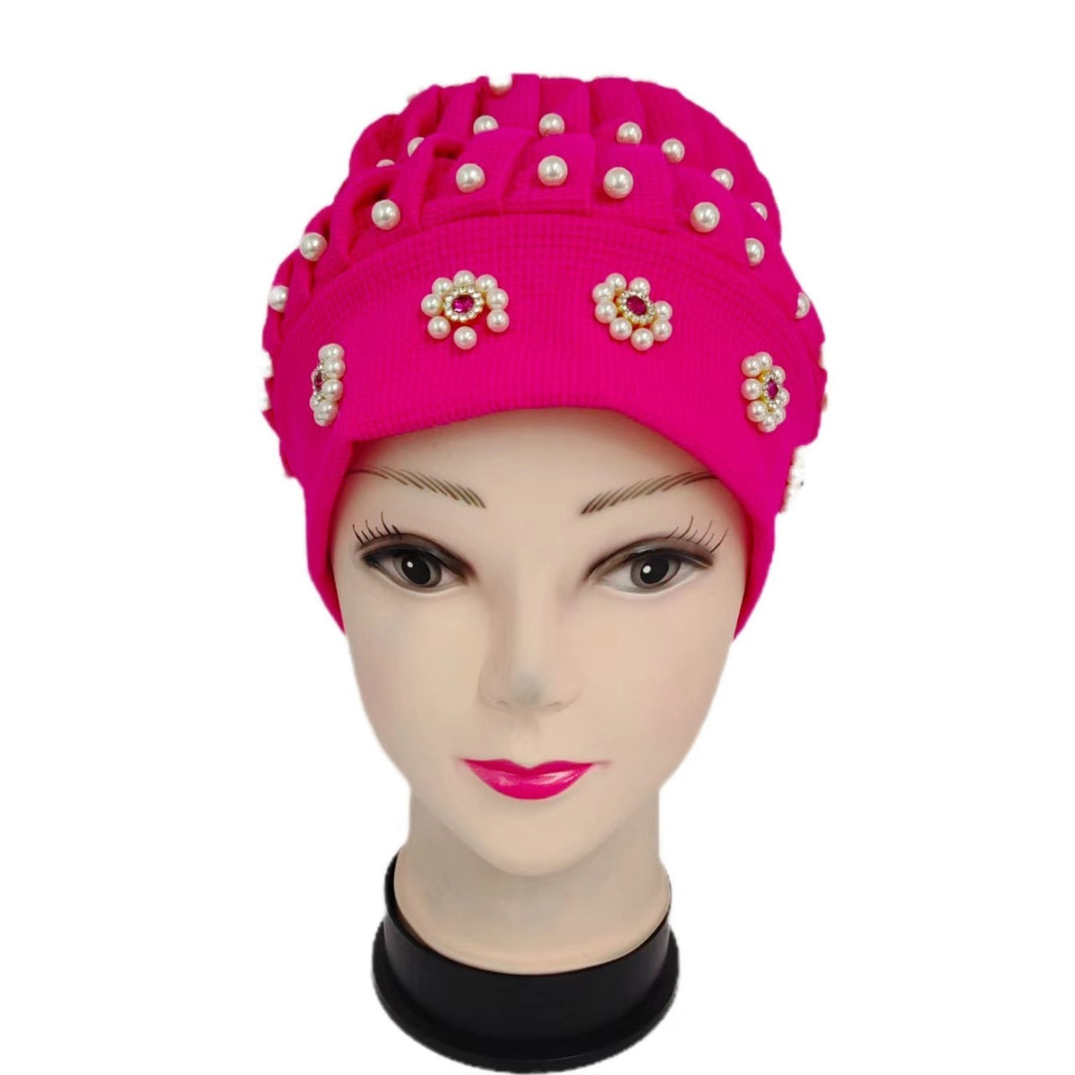 Faux Pearl Beanie Beaded Pumpkin Hat Soft Crochet Knit Beanie Hat