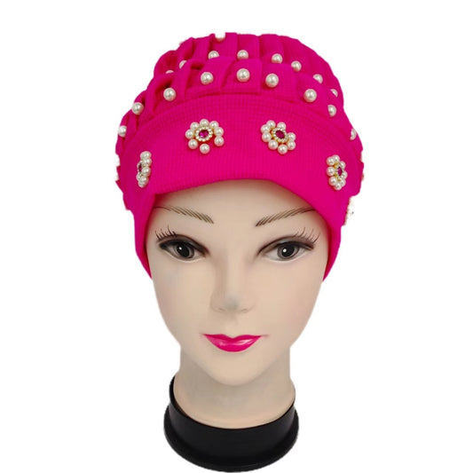 Faux Pearl Beanie Beaded Pumpkin Hat Soft Crochet Knit Beanie Hat