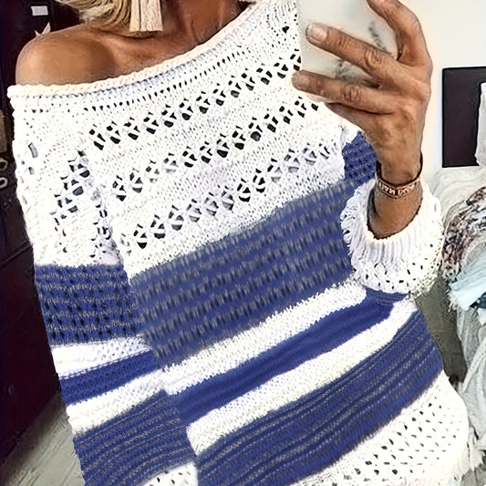  Casual Sweater Women's Plus Colorblock Stripe Print Lantern Sleeve