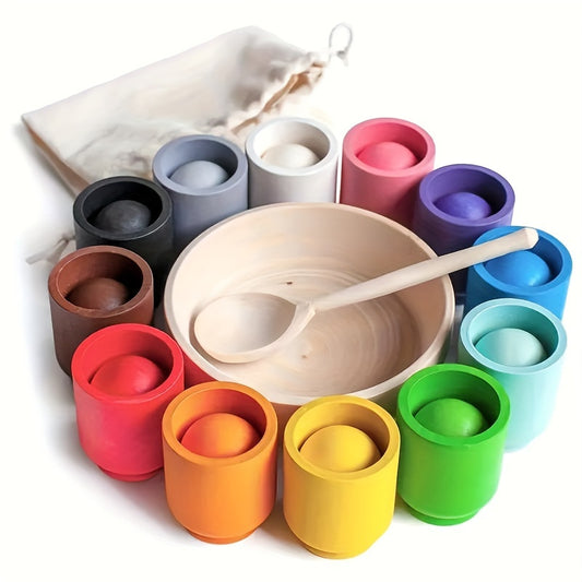 Rainbow Wooden Sorter Game Colorful Ball & Cups Fine Motor Skills Educational