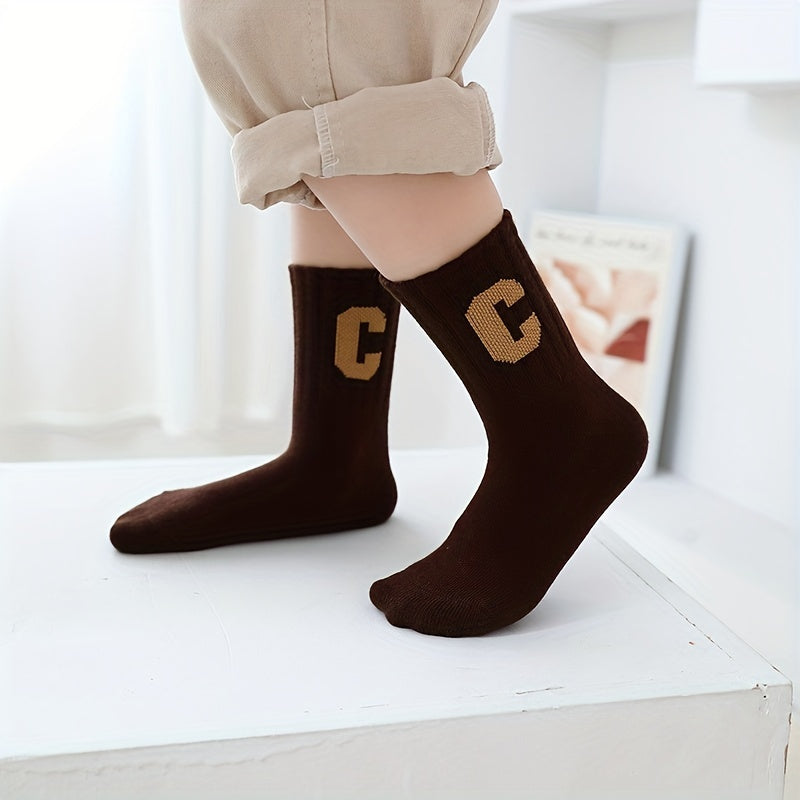 5 Pairs Kids Letter C Print Crew Socks Breathable