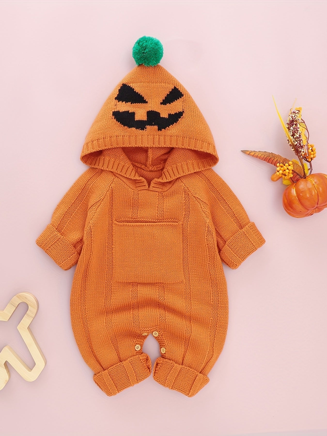 Baby Pumpkin Pattern Sweater Knit Bodysuit Halloween Party Hooded Romper