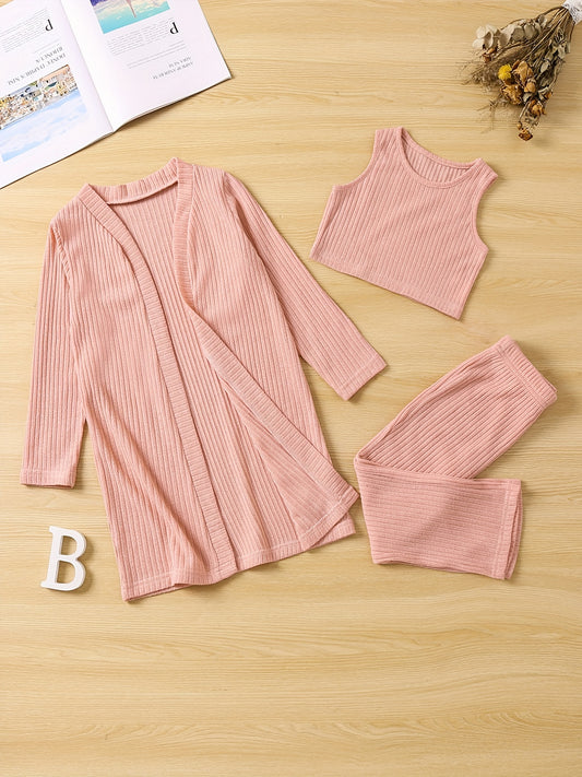 Girl's Cable Knit 2pcs Cardigan & Tank Top & Pants Set