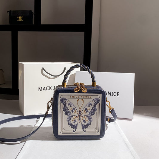 Women's Square Handbag Second Layer Leather Purse Navy