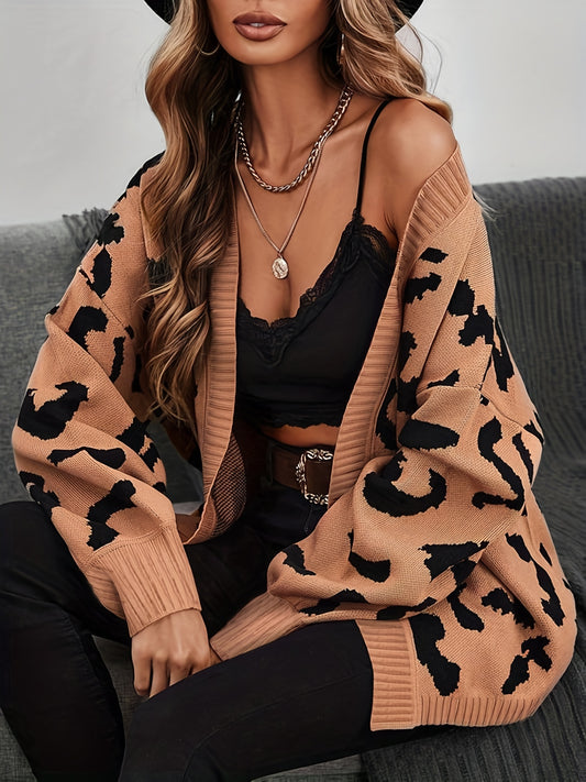Leopard Print Knit Cardigan Open Front Sweater