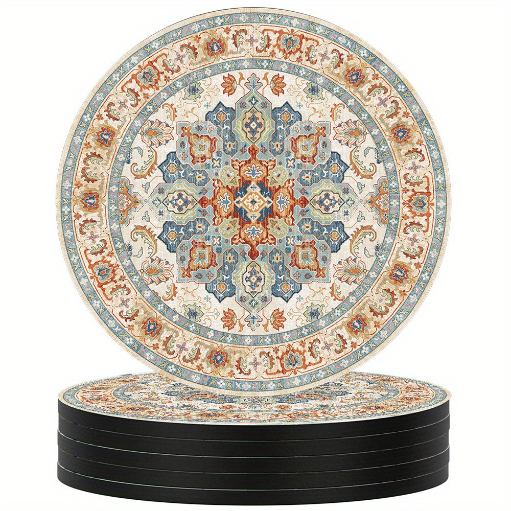 Boho Persian Drink Coasters Set of 6, Absorbent Rubber with Non Slip Backing