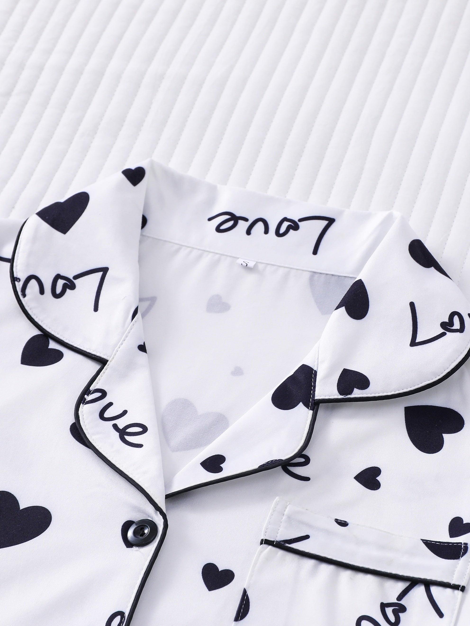 Heart Print Pajama Set Long Sleeve Buttons Top & Elastic Waistband Pants