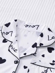 Heart Print Pajama Set Long Sleeve Buttons Top & Elastic Waistband Pants