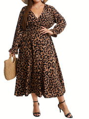  Leopard Print Long Sleeve Midi Dress