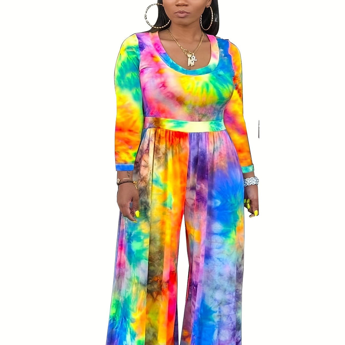  Tie Dye Long Sleeve Round Neck Stretch Jumpsuit