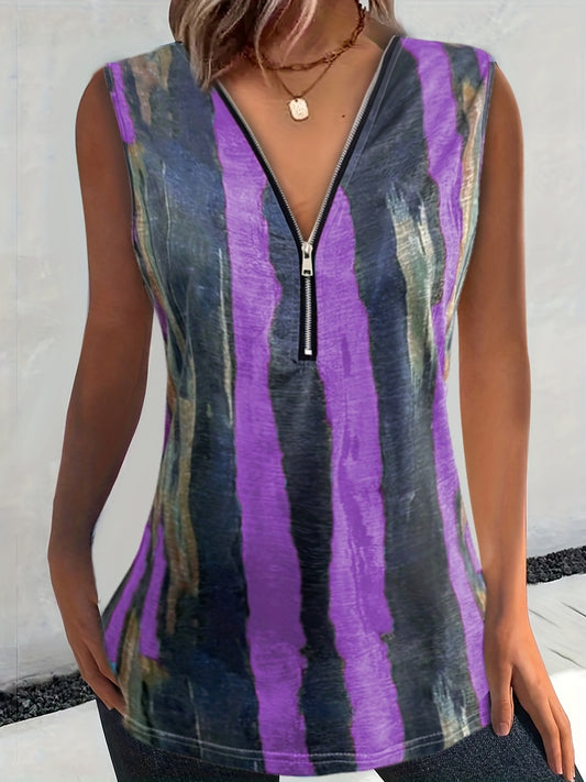  Colorblock Brush Print Zipper V Neck Tank Top