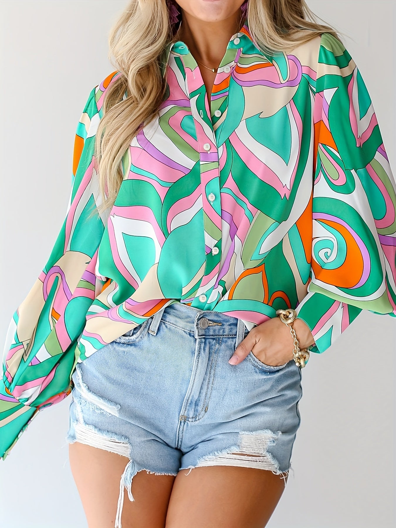  Colorblock Print Button Up Lantern Sleeve Blouse