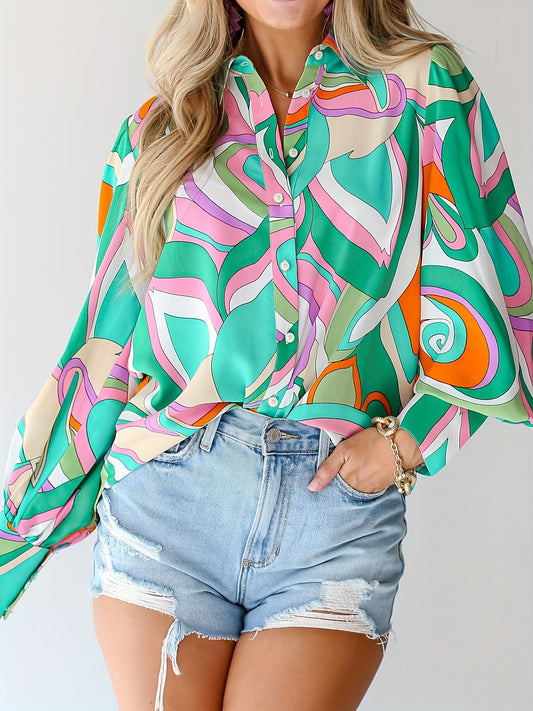  Colorblock Print Button Up Lantern Sleeve Blouse