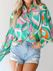  Colorblock Print Button Up Lantern Sleeve Blouse