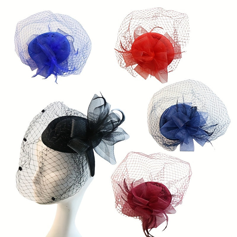 Feathered Debutante Hat with Mesh Veil & Hair Clip