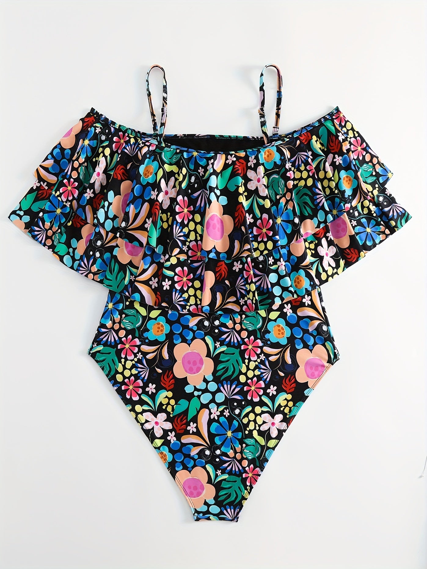  Floral Print Ruffle Trim One Piece Swimsuit